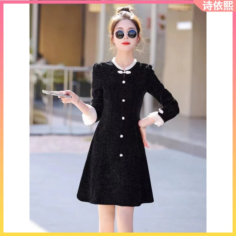 1小个子拼接金线雪尼尔假两件修身新中式小众加厚小香风名媛连衣l