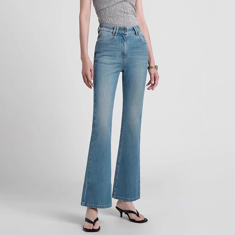 蓝色高腰显瘦喇叭牛仔裤女夏薄款弹力复古微喇裤大码梨型遮胯长裤