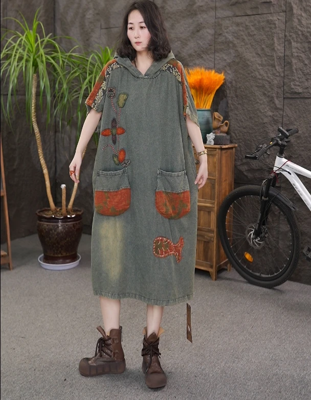 宝藏衣橱上新返潮复古民族风连帽牛仔连衣裙大码女装显瘦