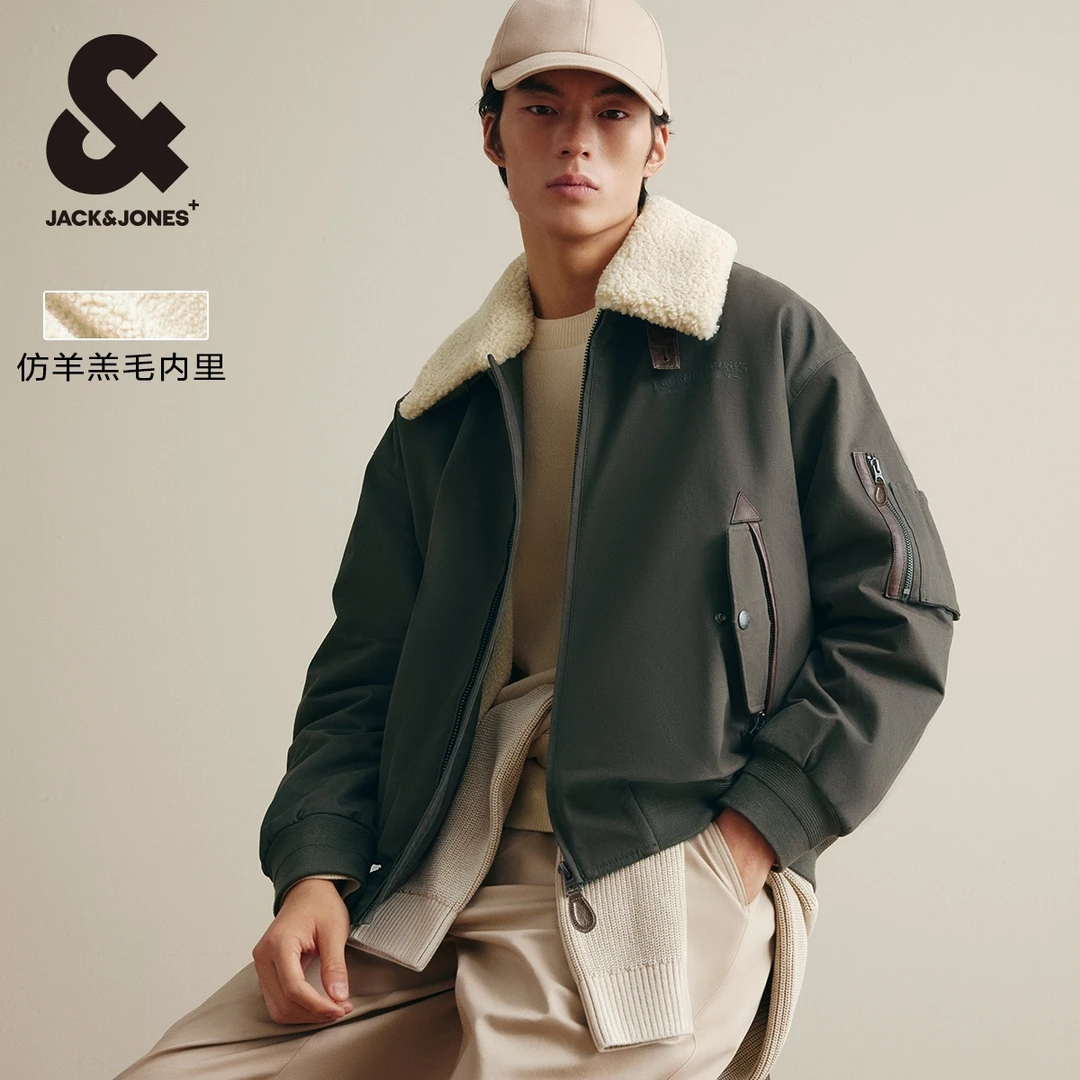 杰克琼斯秋季男士仿羊羔毛翻领棉衣棉服夹克外套字母刺绣男生穿搭