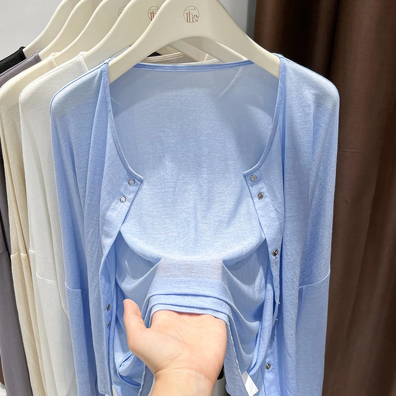 蓝色针织开衫外套女夏季连衣裙外搭披肩薄款防晒罩衫软糯冰丝上衣