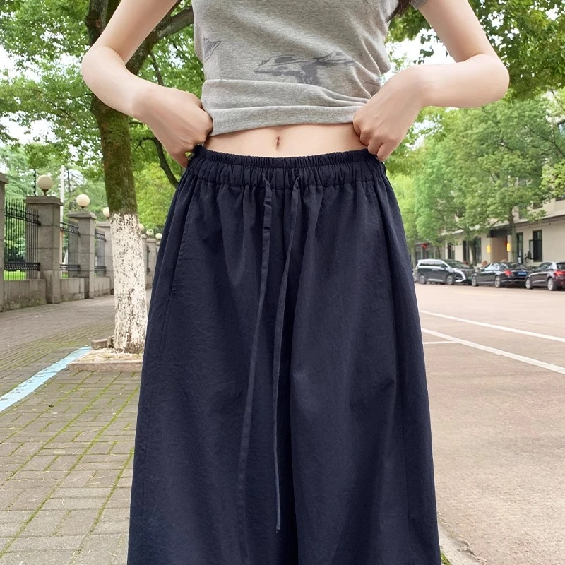 2025新款藏青色抽绳弯刀裤女夏高腰防晒阔腿裤宽松速干运动直筒裤