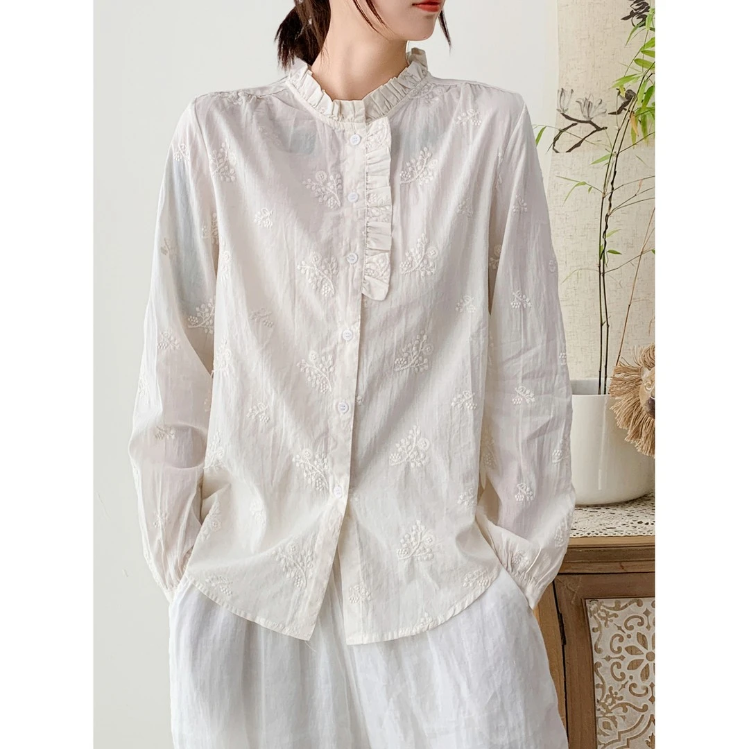 季念100%棉花边领长袖衬衫女重工刺绣襟花边文艺小清新衬衣打底衫