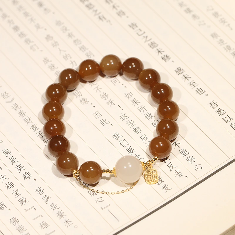 【叶叶珠宝】692天然和田玉+18k金 且末糖料手串10mm圆珠多样性发一