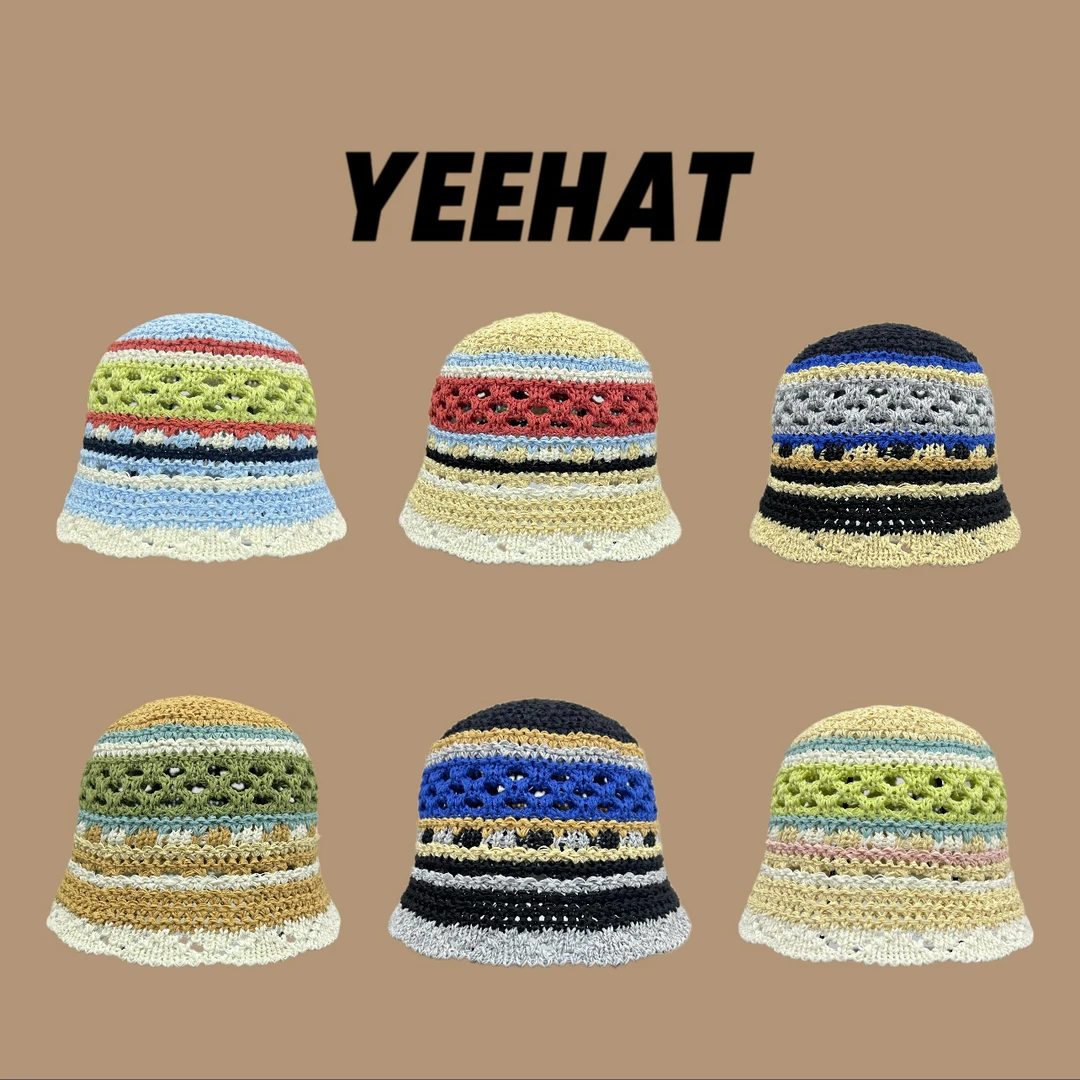【YEEHat】2025新款撞色镂空针织设计师款防晒遮阳显脸小休闲盆帽潮