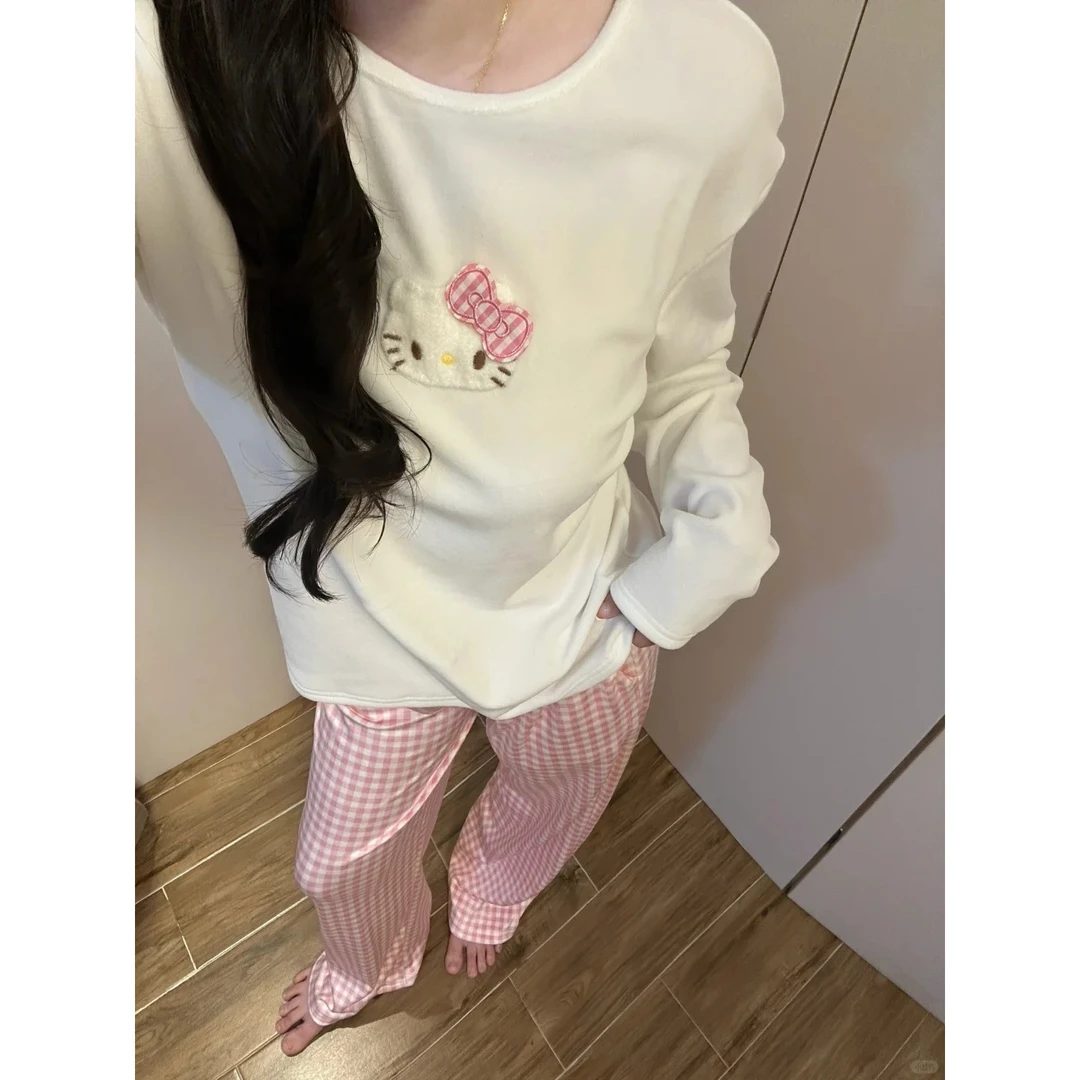 少女甜美蝴蝶结Kitty猫长袖德绒睡衣女秋冬季格纹长裤家居服套装