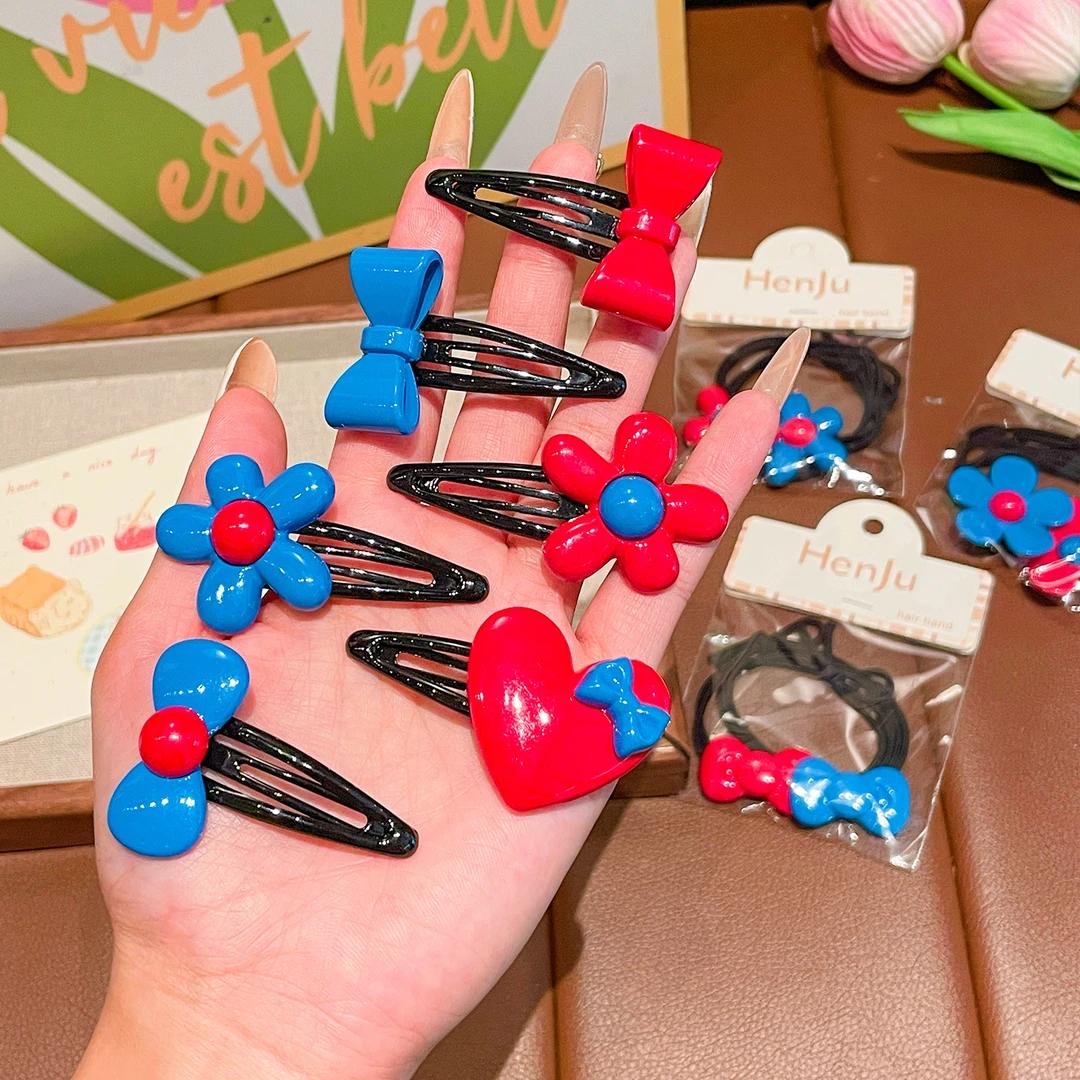 儿童韩系红蓝蝴蝶结花朵发夹女童刘海bb夹女孩高马尾皮筋发圈头饰