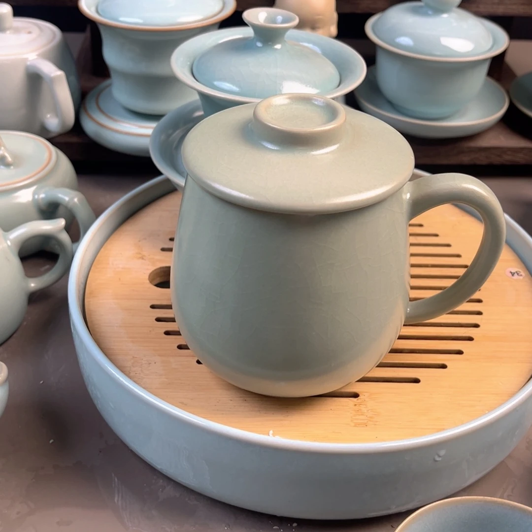 陶摆件瓷仿古豆绿釉将军办公杯