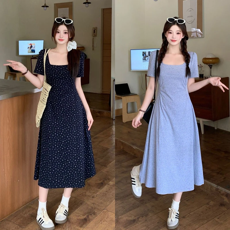 大码长款法式气质方领碎花连衣裙2025年夏胖mm修身显瘦百搭长裙女