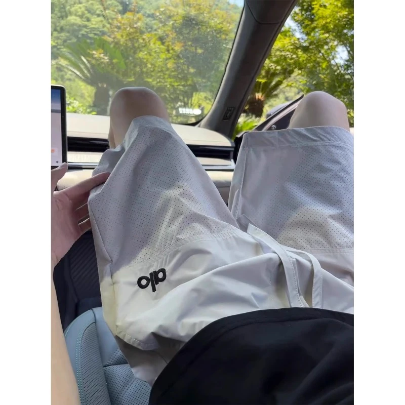 美式灰刺绣速干薄款网眼透气五分短裤男女款夏季户外运动冰丝裤子