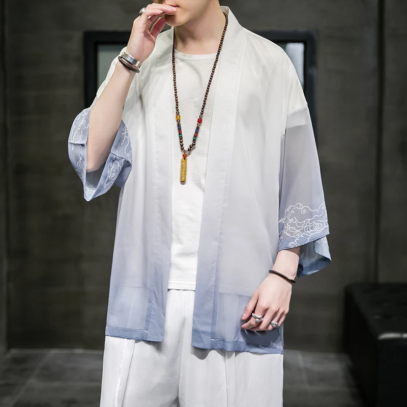 冰丝防晒衣男夏薄款外套古风道袍中国风男装开衫七分袖汉服披风衣