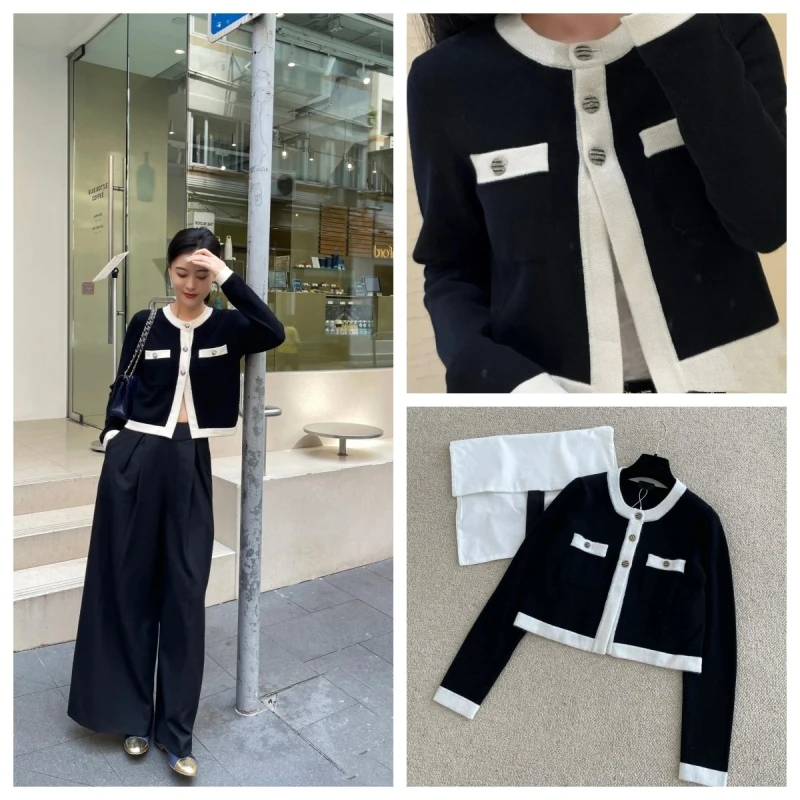 【李李推荐】2024新秋上新黑白撞色包边白富美圆领针织开衫9600