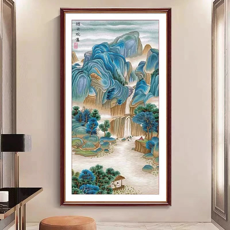 纯手工十字绣成品烟云观瀑山水画国玄画关装饰画走廊140×75厘米