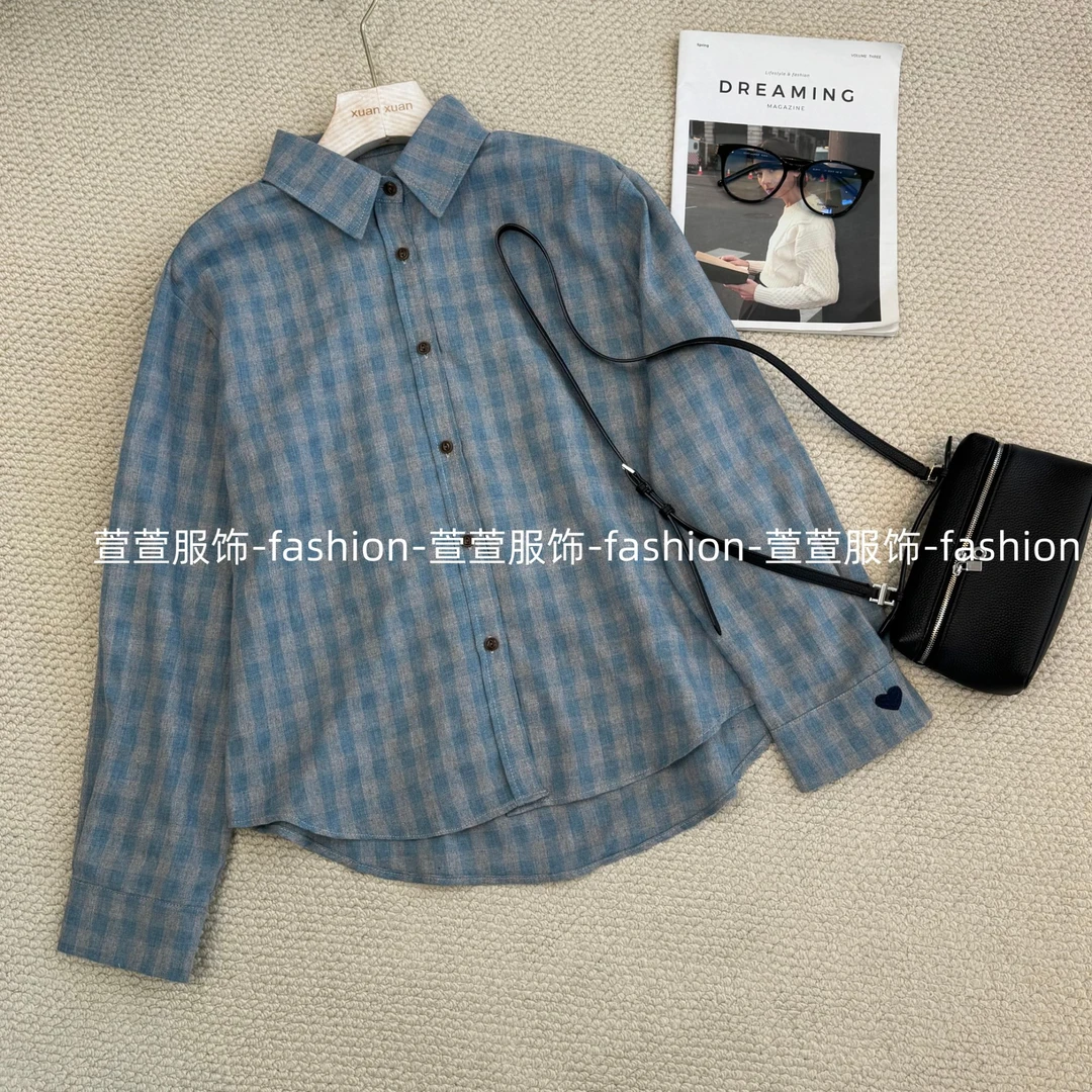 【萱萱服饰】CS575秋季新款格子长袖休闲衬衫时尚简约翻领衬衣女