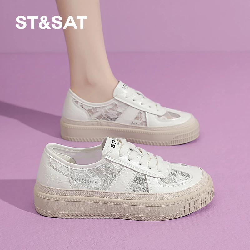 星期六小白鞋女鞋2025新款夏季透气网面蕾丝厚底百搭休闲运动板鞋