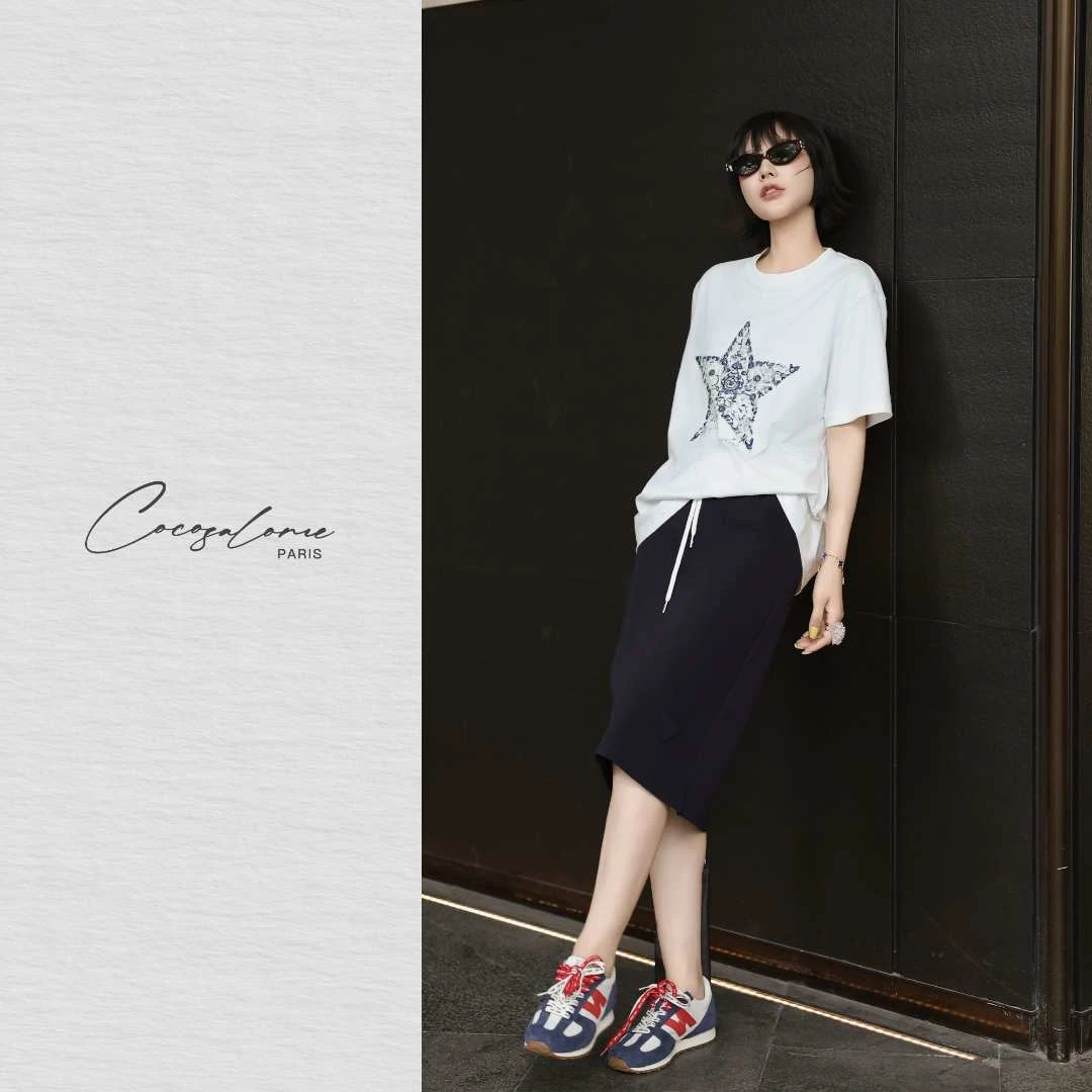 韩彬彬"幸运星"夏季100精梳棉手绘五角星印花宽松短袖T恤262J-2