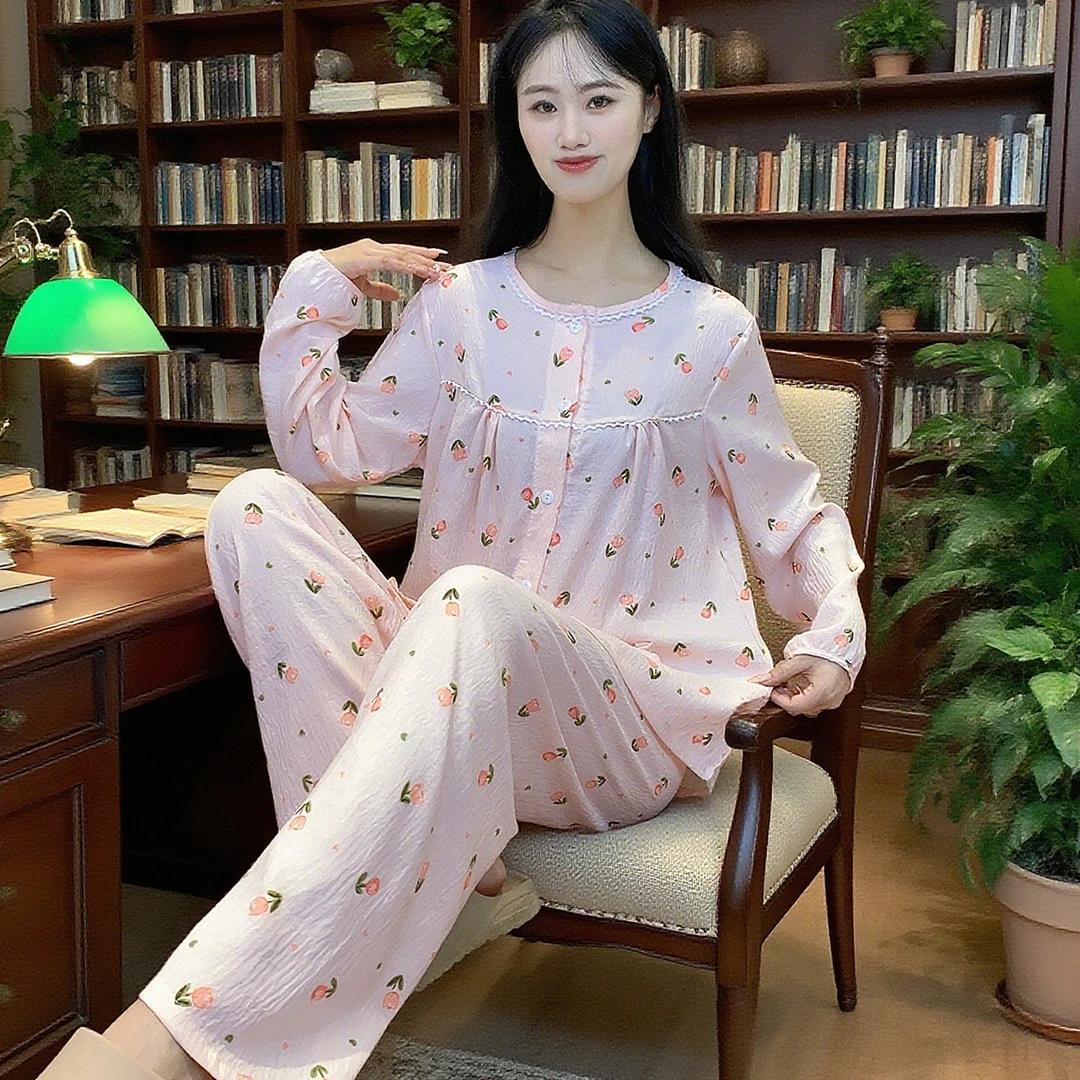 圆领睡衣女款春秋季长袖甜美云朵棉纱大码可外穿家居服套装Y171