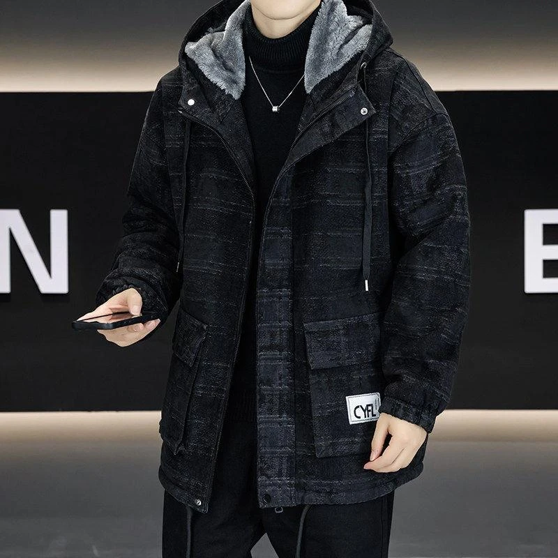 冬季加绒加厚牛仔外套男款复古派克服美式连帽棉衣休闲保暖棉服潮