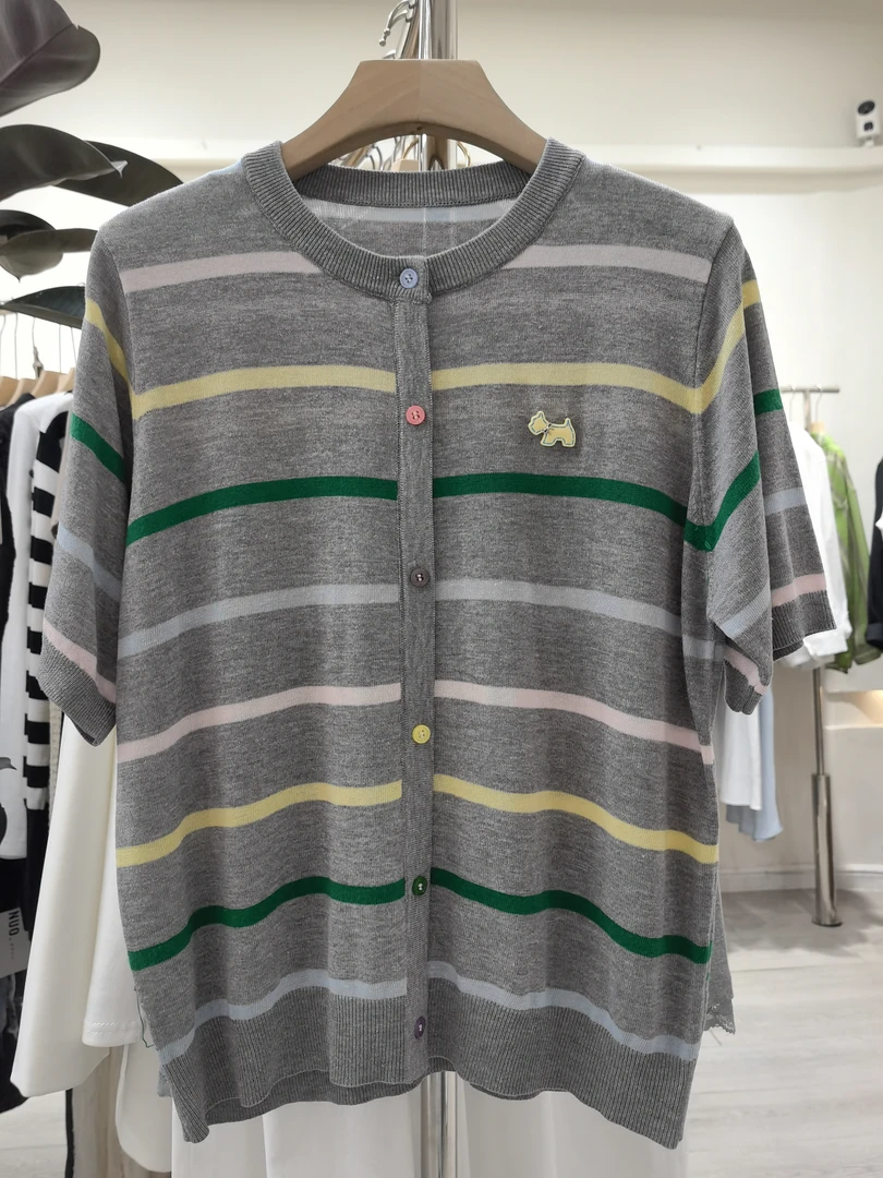 青岛冰丝针织短袖夏季时尚百搭条纹休闲