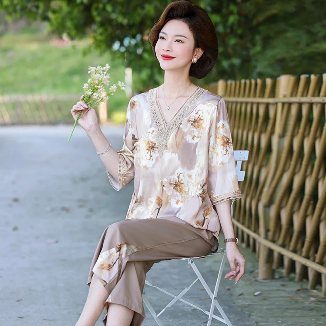 9264-显瘦复古减龄宽松型中老年女装洋气时尚套装妈妈装【A仓】