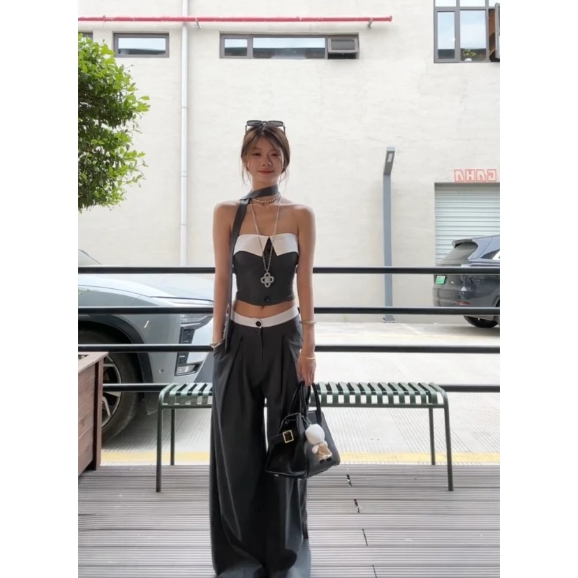 辣妹休闲套装女夏季韩系绝美撞色外穿抹胸上衣灰色高腰宽松阔腿裤