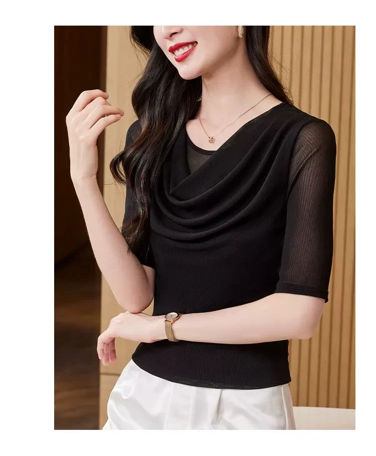 洋气网纱纯色上衣女百搭气质时尚修身显瘦中袖打底衫黑色t恤小衫