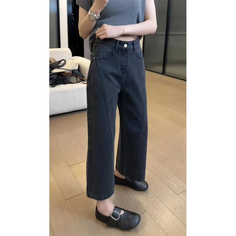 大码女装2025春夏新款显瘦窄版阔腿直筒牛仔裤百搭九分法棍遮肉裤