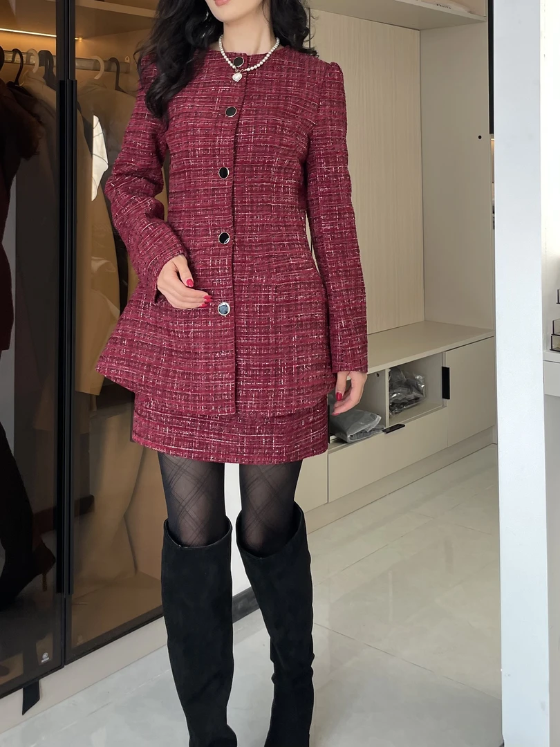 小香风长袖秋冬季中长款外套+短裙气质洋气套装