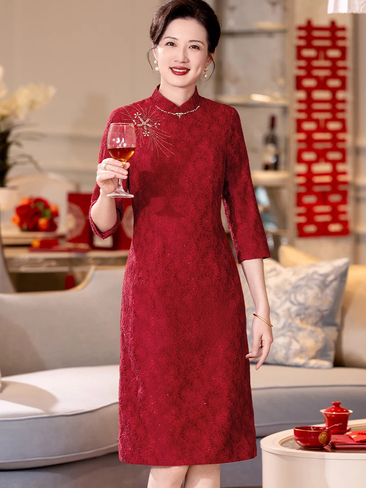 2025新改良旗袍不开叉蕾丝小A裙大码喜妈妈婚宴礼服喜婆婆敬酒服Z