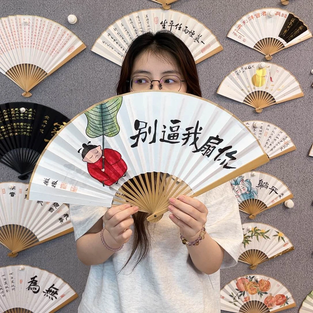 书法8寸玉竹-纯手绘-文玩扇骨（默认粘好）