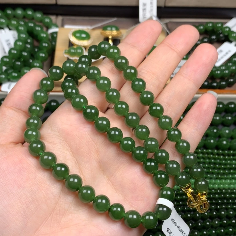 【闪购商品】颈饰未镶嵌和田玉（碧玉）8m冰底辣菠菜绿无黑