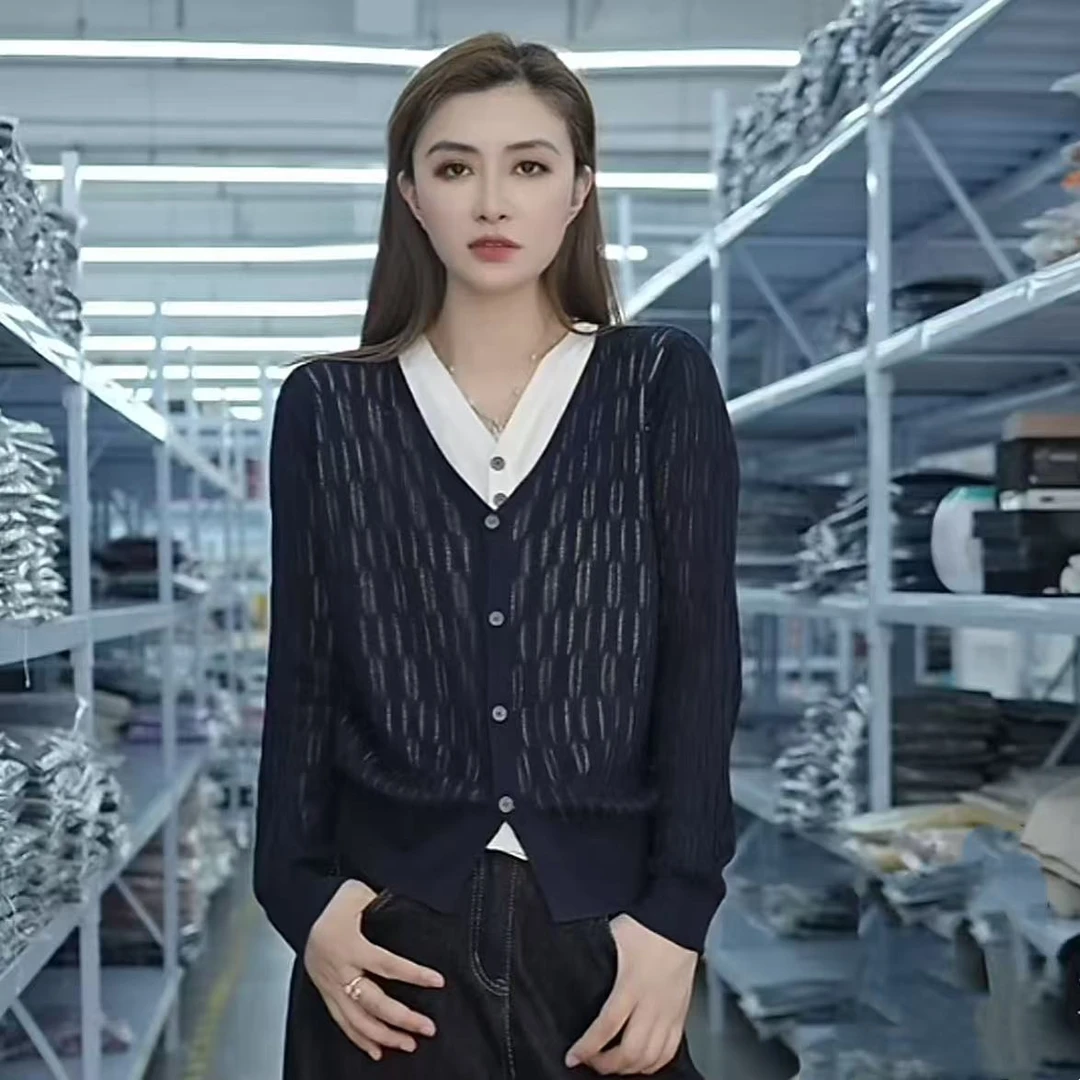 【晴晴精选】秋冬季新款时尚高级感气质V领镂空假两件针织开衫A709#