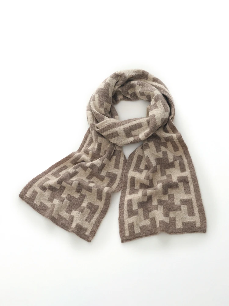 韩版卡通图案羊绒围巾女春秋季新款斜边千鸟格针织毛线保暖围脖