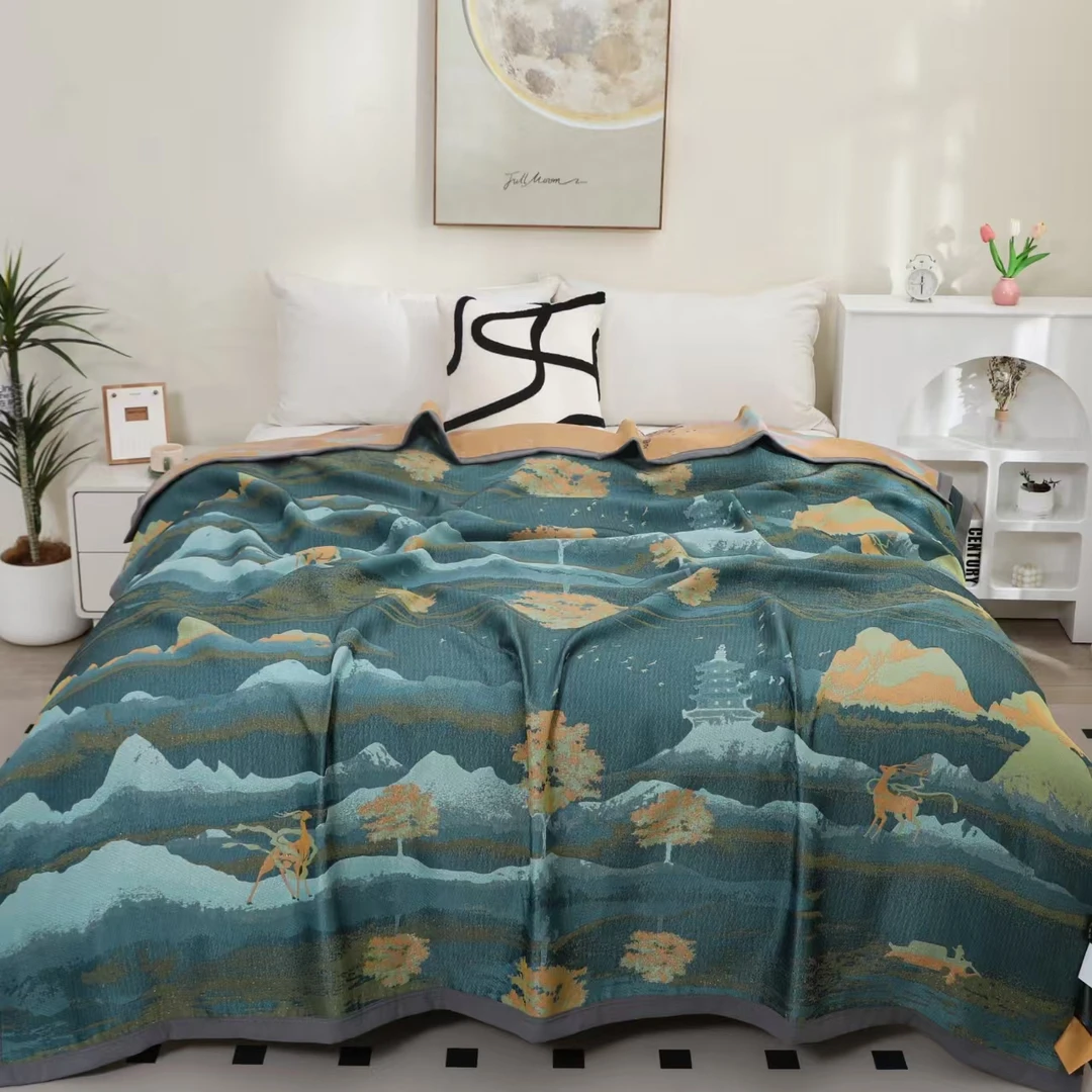 遇见神鹿-青色织金宋锦纱布床盖2.2*2.5米