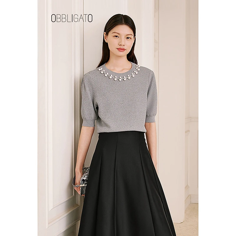 OBBLIGATO奥丽嘉朵2025夏季1C35206050新品珍珠螺纹针织毛织衫