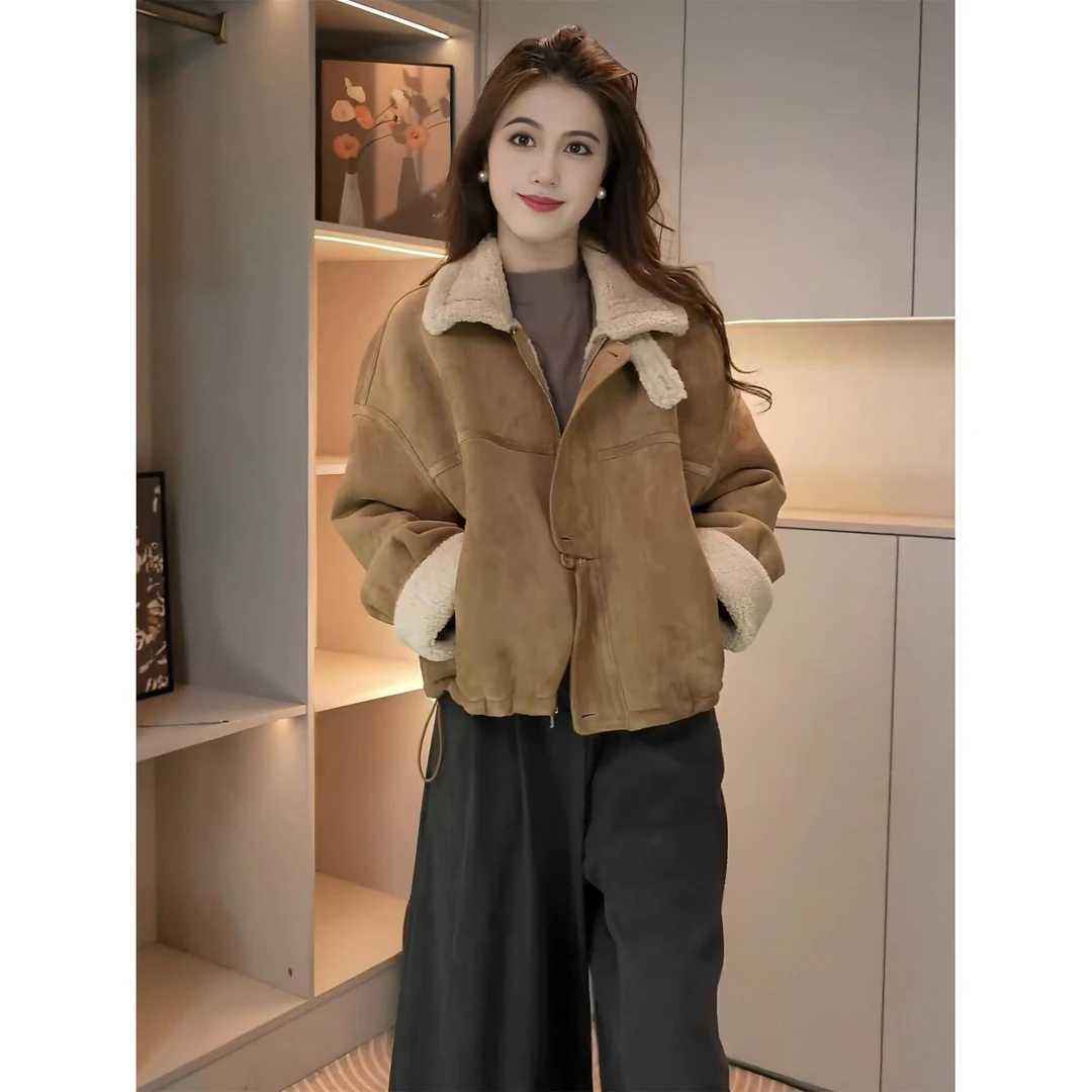 皮毛一体皮绒外套女秋冬2025新款韩系休闲宽松百搭加厚保暖上衣潮