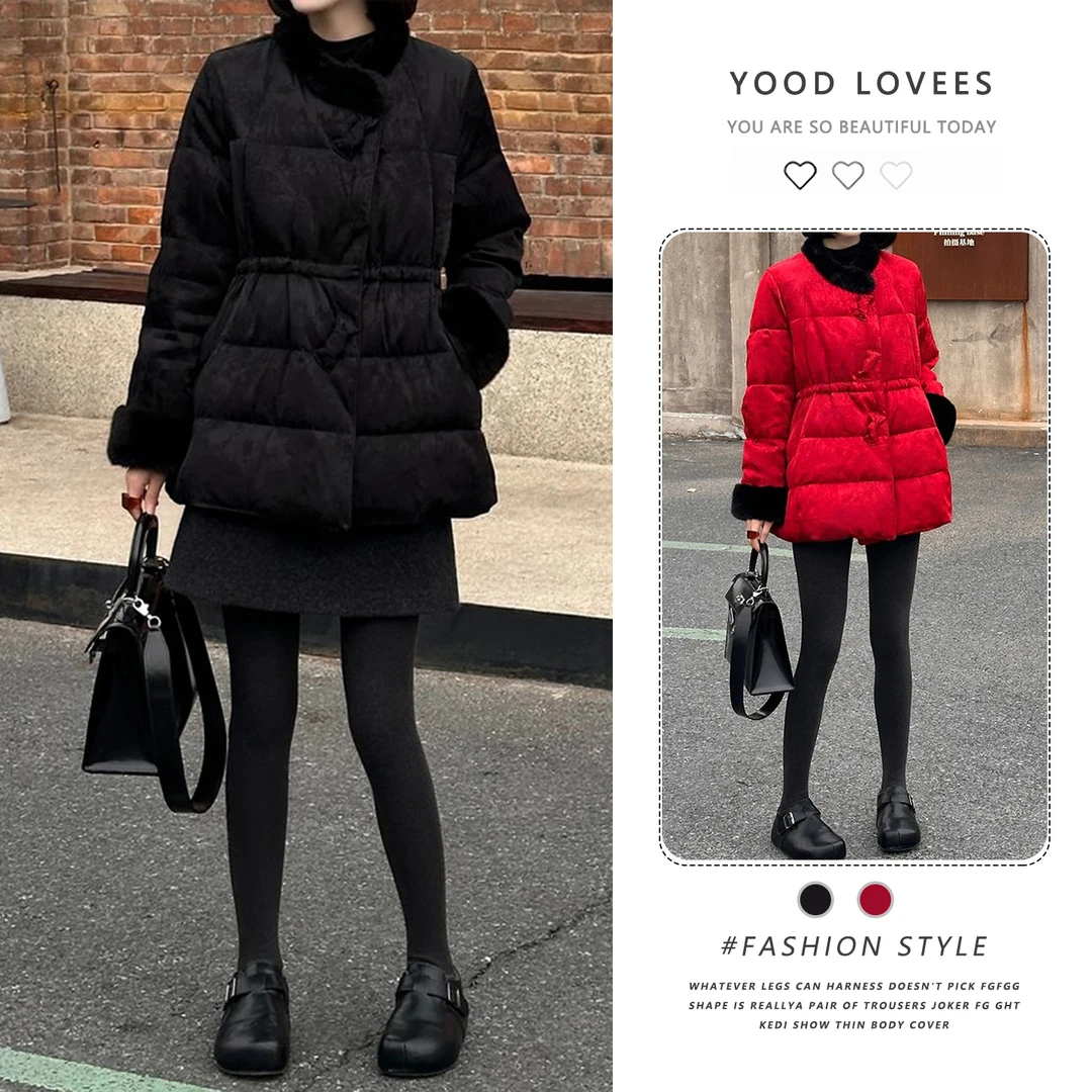 国风复古蝴蝶结三扣抽绳腰立领提花毛毛领拼接小个中长款加厚棉服