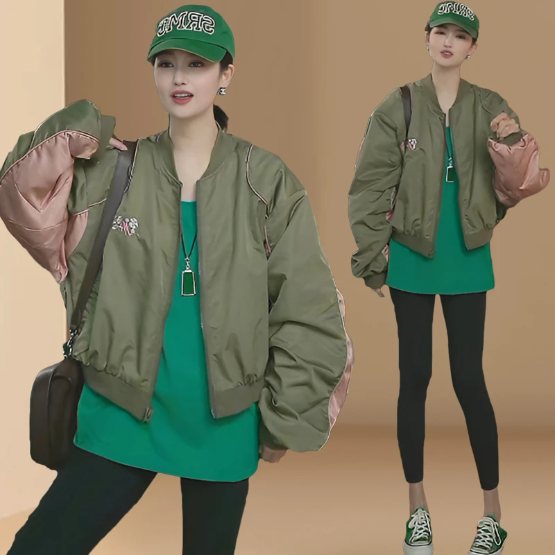 花朵图案刺绣拼接撞色短款棒球服外套女百搭夹克显瘦2025春秋新款