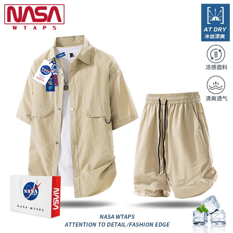 NASA WTAPS冰丝衬衫套装男夏季薄款短袖大码休闲衬衣短裤两件套潮