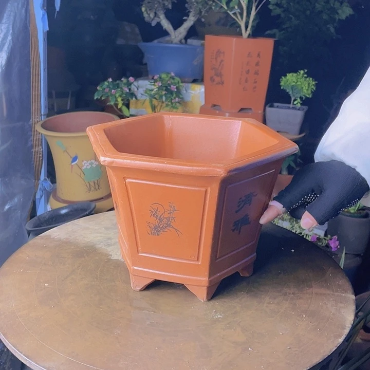 紫砂宜兴紫砂花盆红六方清雅26