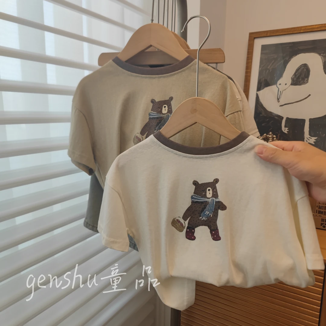 轻软薄~韩版儿童夏季棉感印花小熊短袖T恤男女宝宝童圆领套头上衣