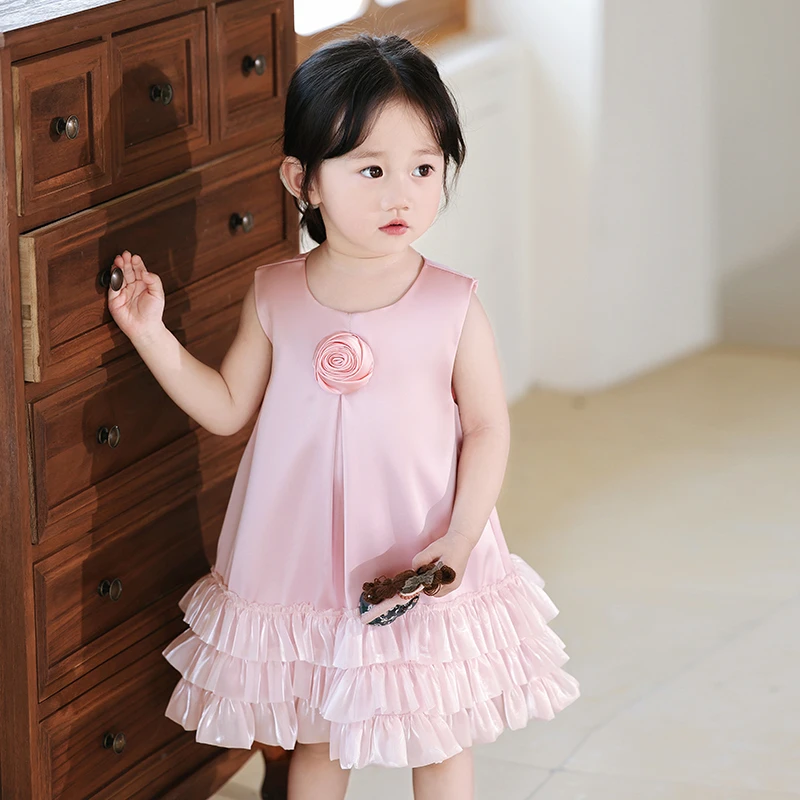 花童婚礼小女孩礼服2025夏季新款高端粉色一周岁女宝宝生日公主裙
