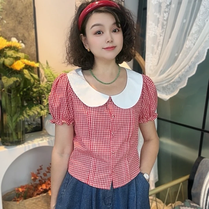 原创泡泡袖格子短袖娃娃领夏季衬衫复古小衫上衣格子衬衫显瘦格纹
