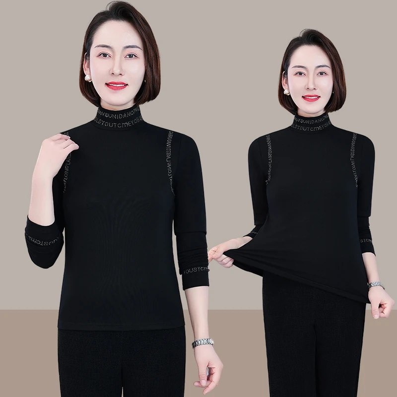 恩狐百搭时尚洋气纯色简约中老年女装秋季新款修身宽松休闲打底衫