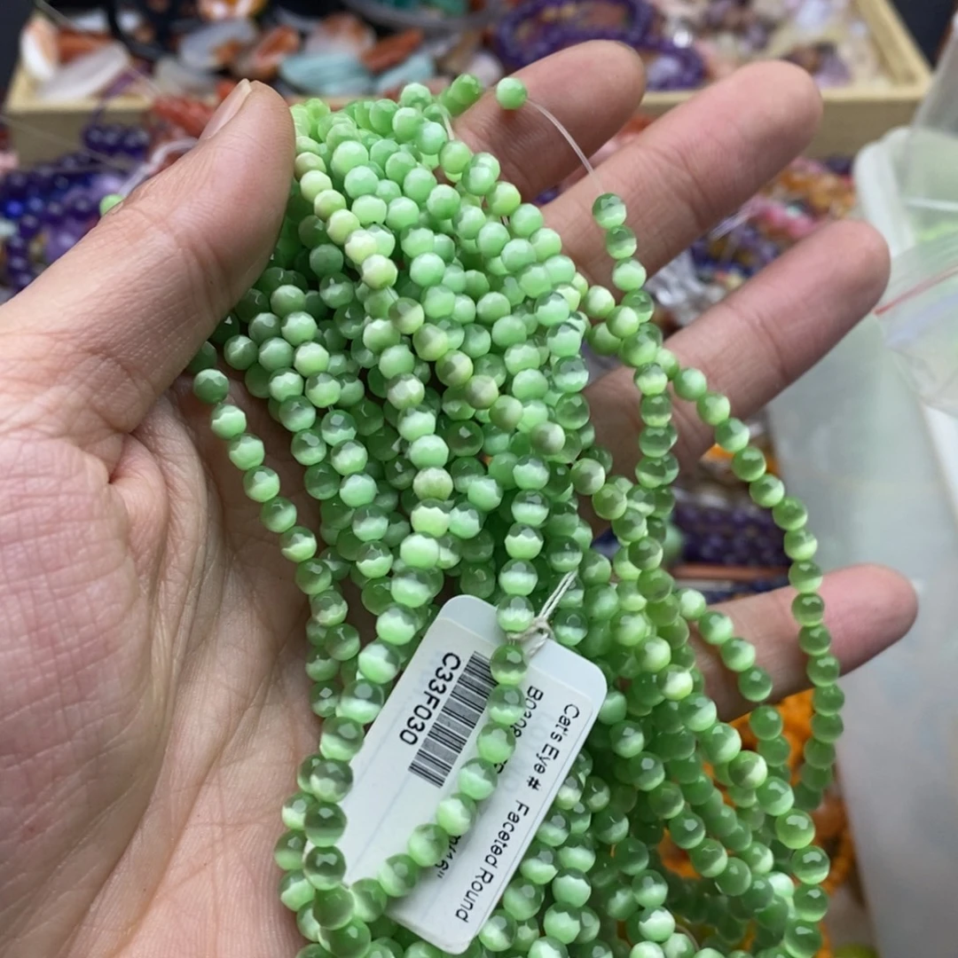 玛瑙/玉髓未镶嵌珠宝半成品一条4mm绿猫眼切面B97