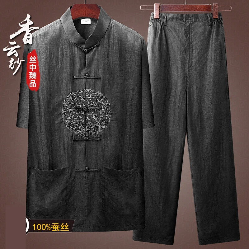香云纱唐装男莨绸短袖套装桑蚕丝中老年人真丝绸老式衣服中式男装