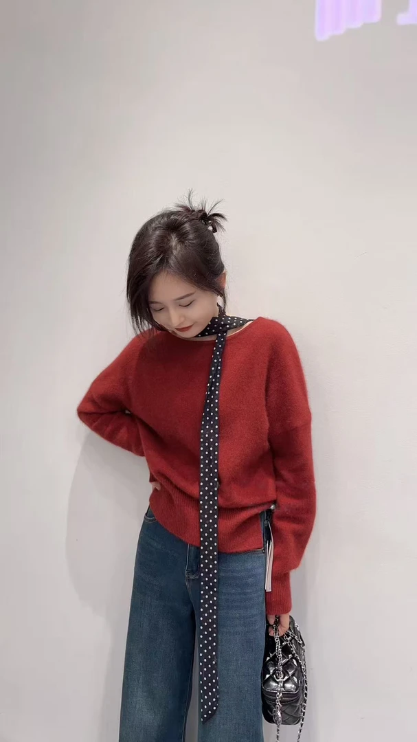 2026秋冬新款慵懒风圣诞元旦新年红穿搭百搭软糯显瘦毛衣配飘带