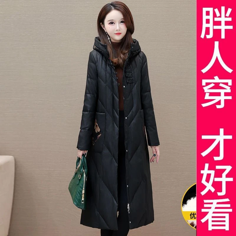 200斤高档大码气质连帽羽绒服女冬中长款时尚减龄保暖白鸭绒外套