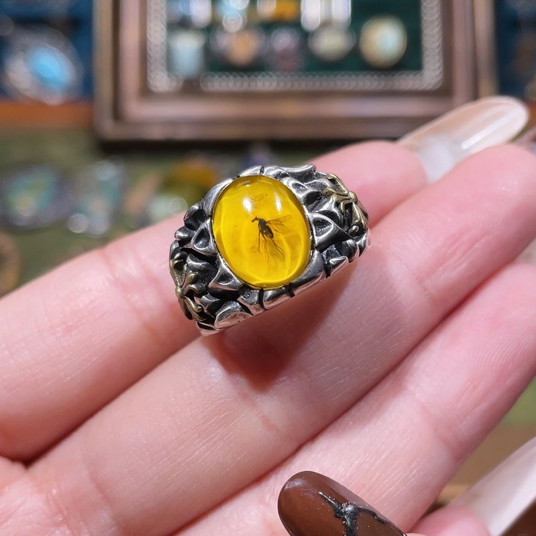 琥珀银S925镶嵌戒指戒指