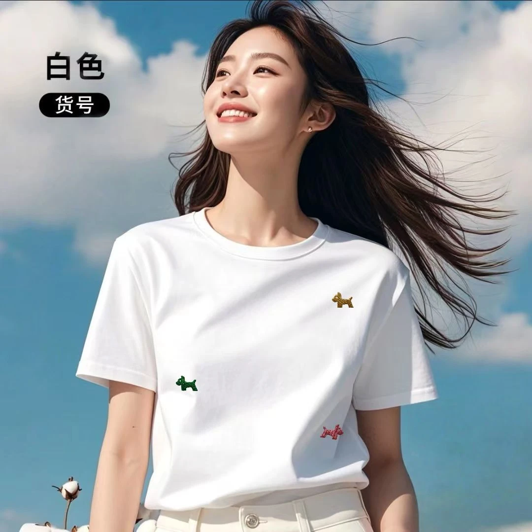 保罗征仗50126万针刺绣圆领短袖男女同款夏季迪桑棉清爽-三个小狗